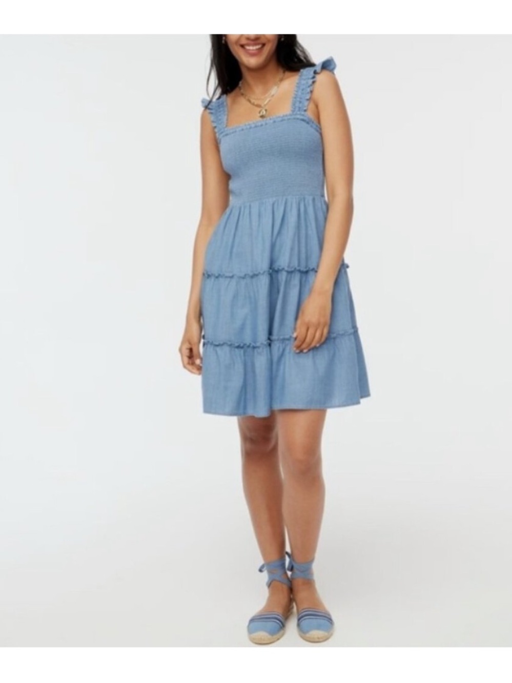 J. Crew Factory Dress - smocked tiered mini dress chambray light denim wash